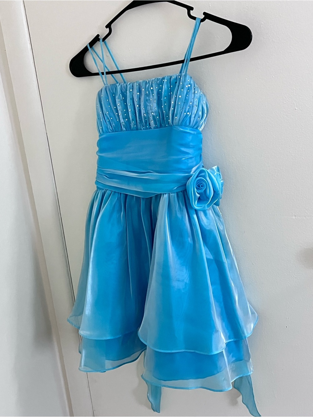 Wonder Girl Girls’ Sky Blue Satin Rhinestone Formal Dress Rose